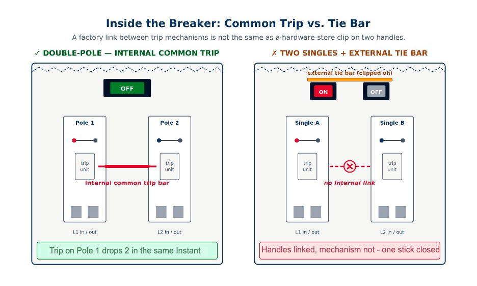 Comparison of an internal common trip bar and an external tie bar on circuit breakers.