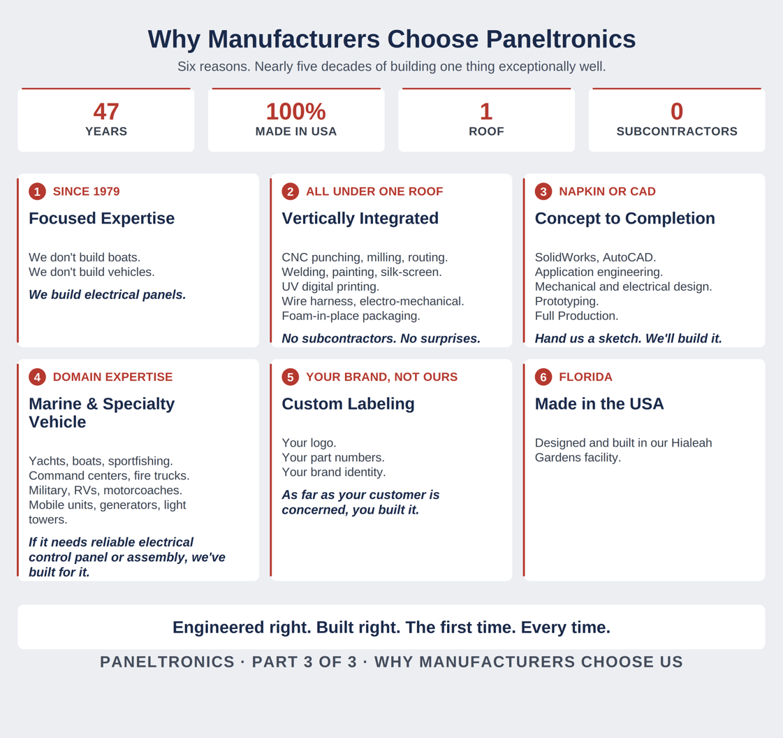 Graphic summarizing reasons manufacturers choose Paneltronics for electrical panel manufacturing