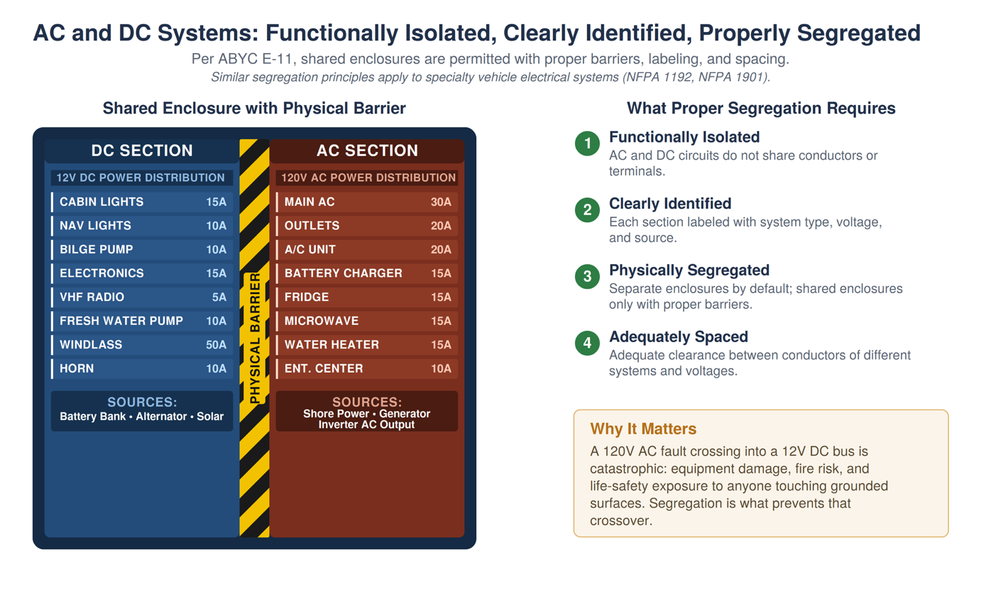 AC and DC separation and segregation guidance for marine electrical panels