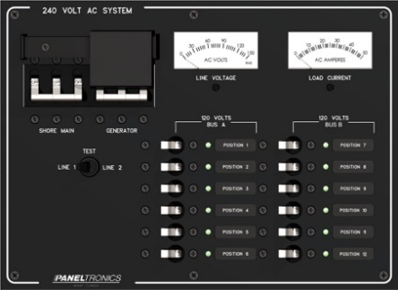 Panel 3310 illustrated as a 240 VAC panel switching both hot legs as one circuit