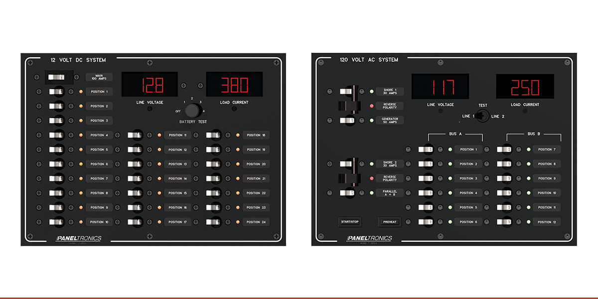 Paneltronics 12 volt DC and 120 volt AC marine electrical panels showing line voltage and load current displays