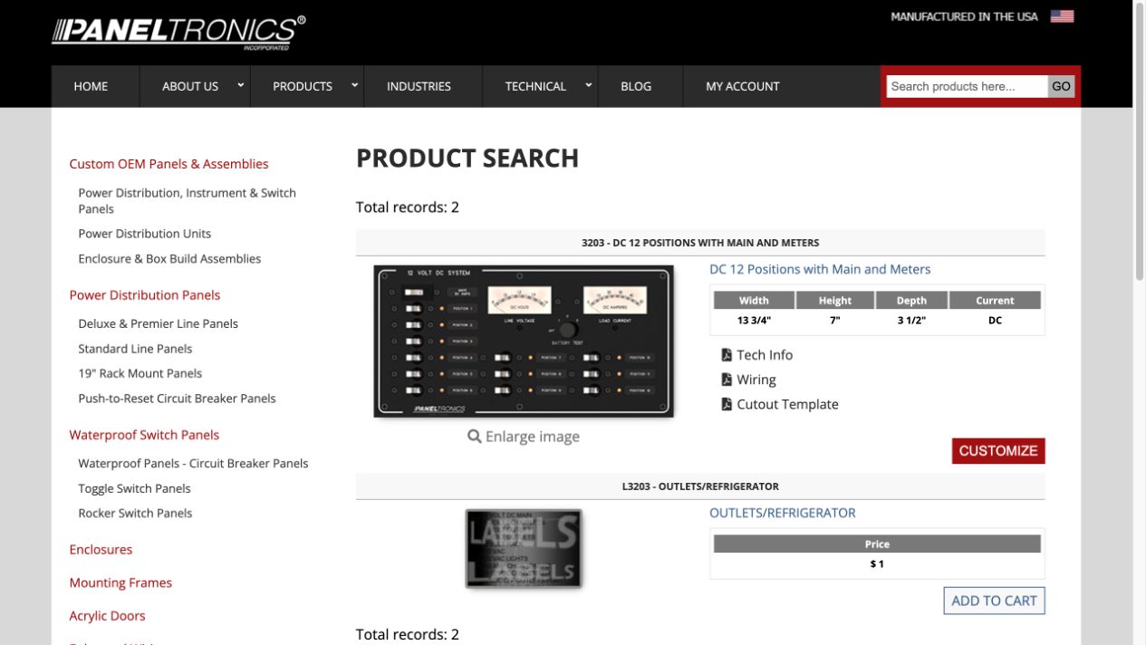 Model 3203 on the Paneltronics product-search page