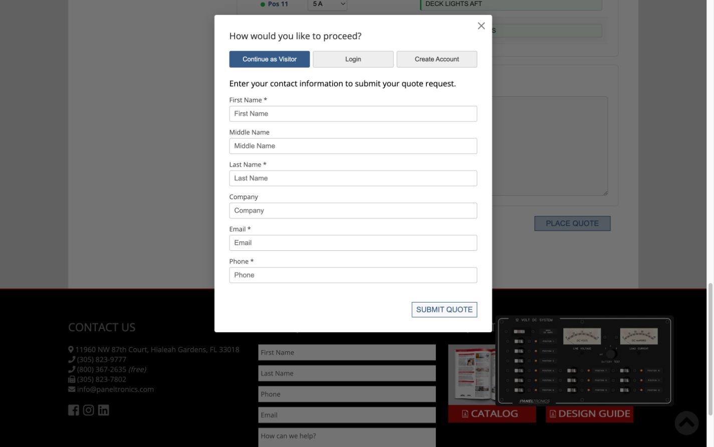 Contact screen with visitor, login, and account-creation options