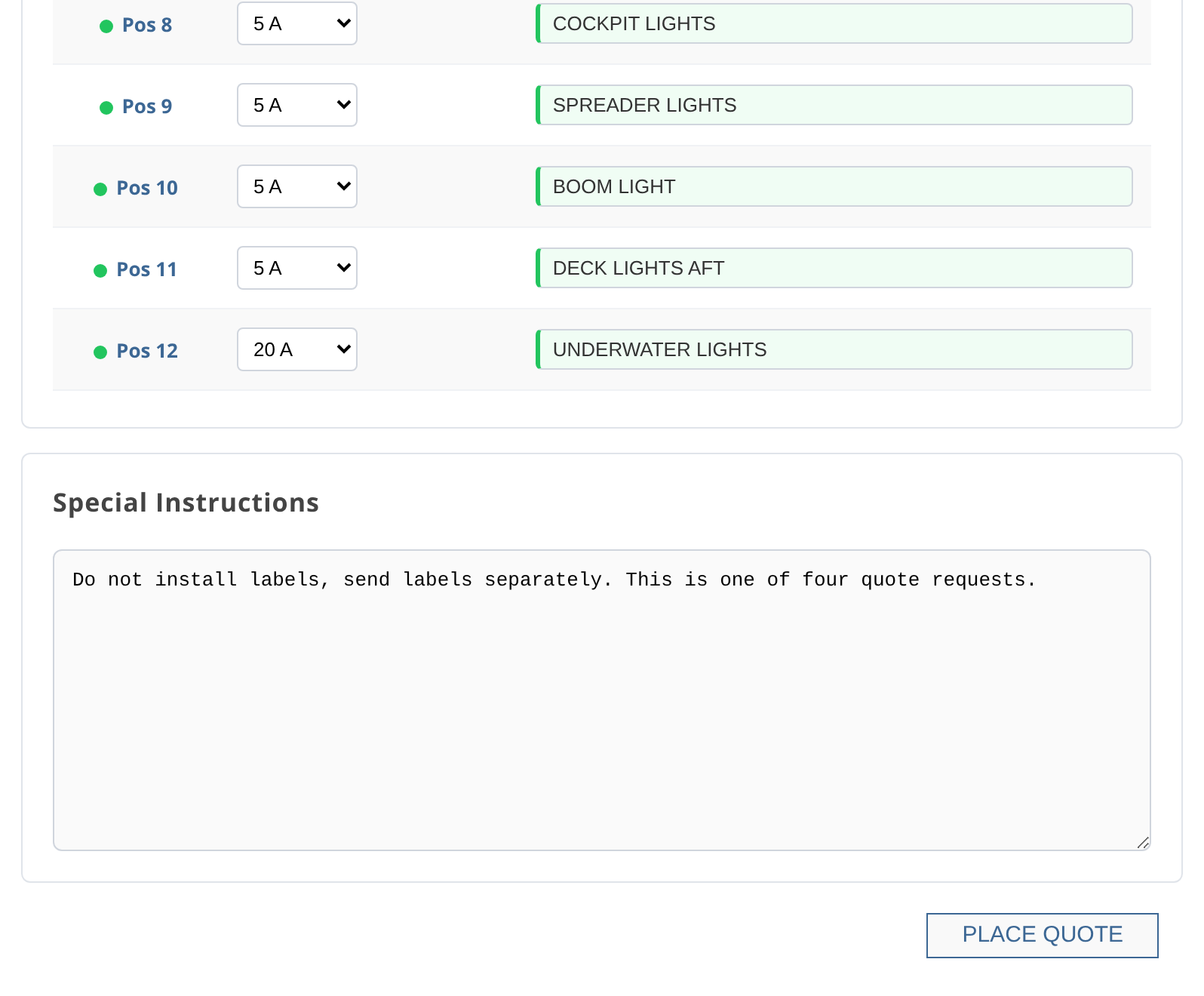 Special Instructions field with the PLACE QUOTE button