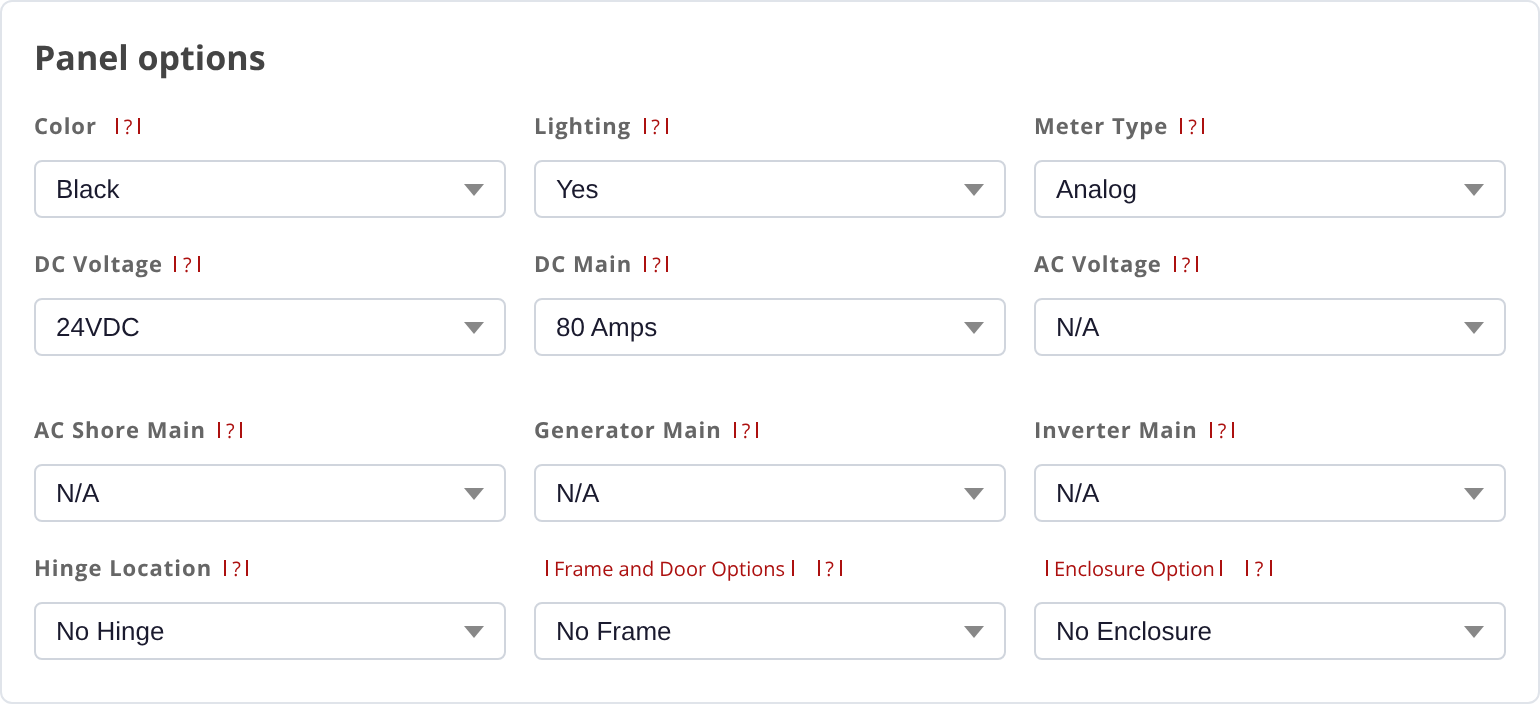 Panel options card with the example selections applied