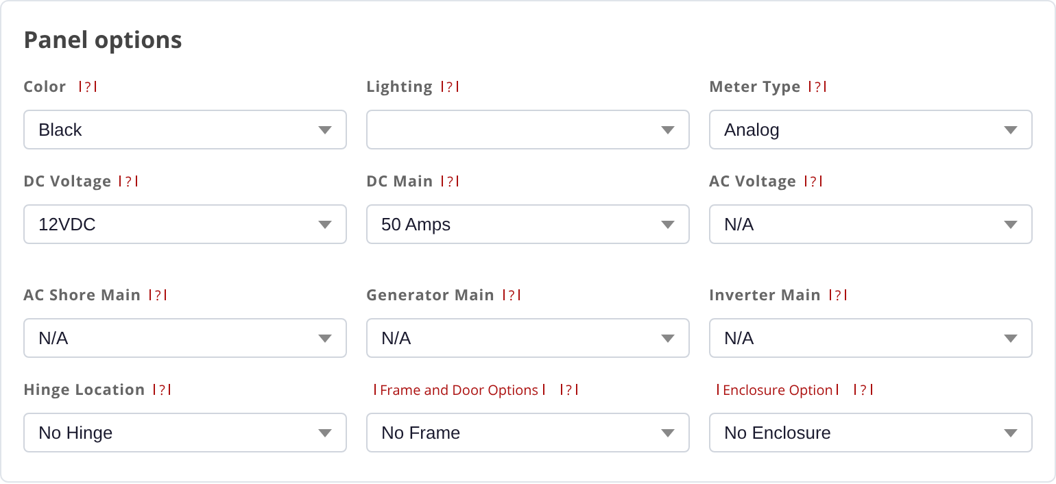 Panel options card before any selections are made