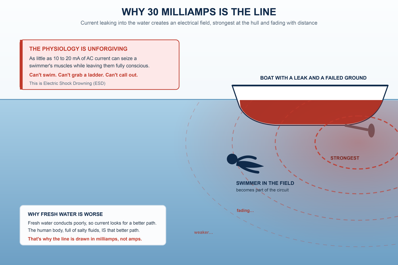 Figure 8. Why 30 milliamps is the line: the electrical field around a hull and the swimmer in it